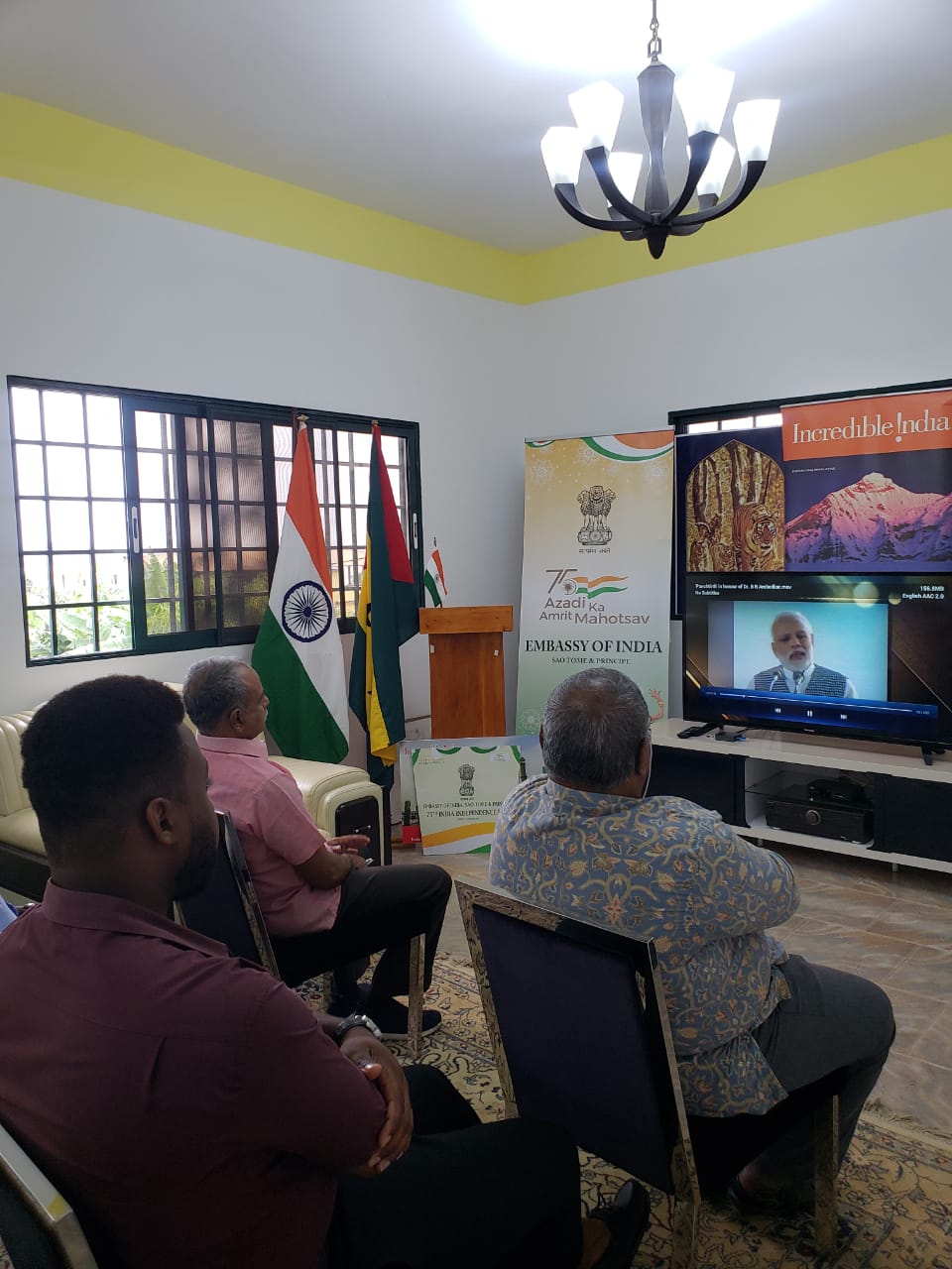 As part of Azadi ka Amrit Mahotsav, on 6th December, 2021, Embassy of India in Sao tome paid tributes to Dr Babasaheb Ambedkar for his immense contribution to Indian constitution and polity. On this occasion, a video titled "Panchtirth" was screened at Chancery for the disapora. 